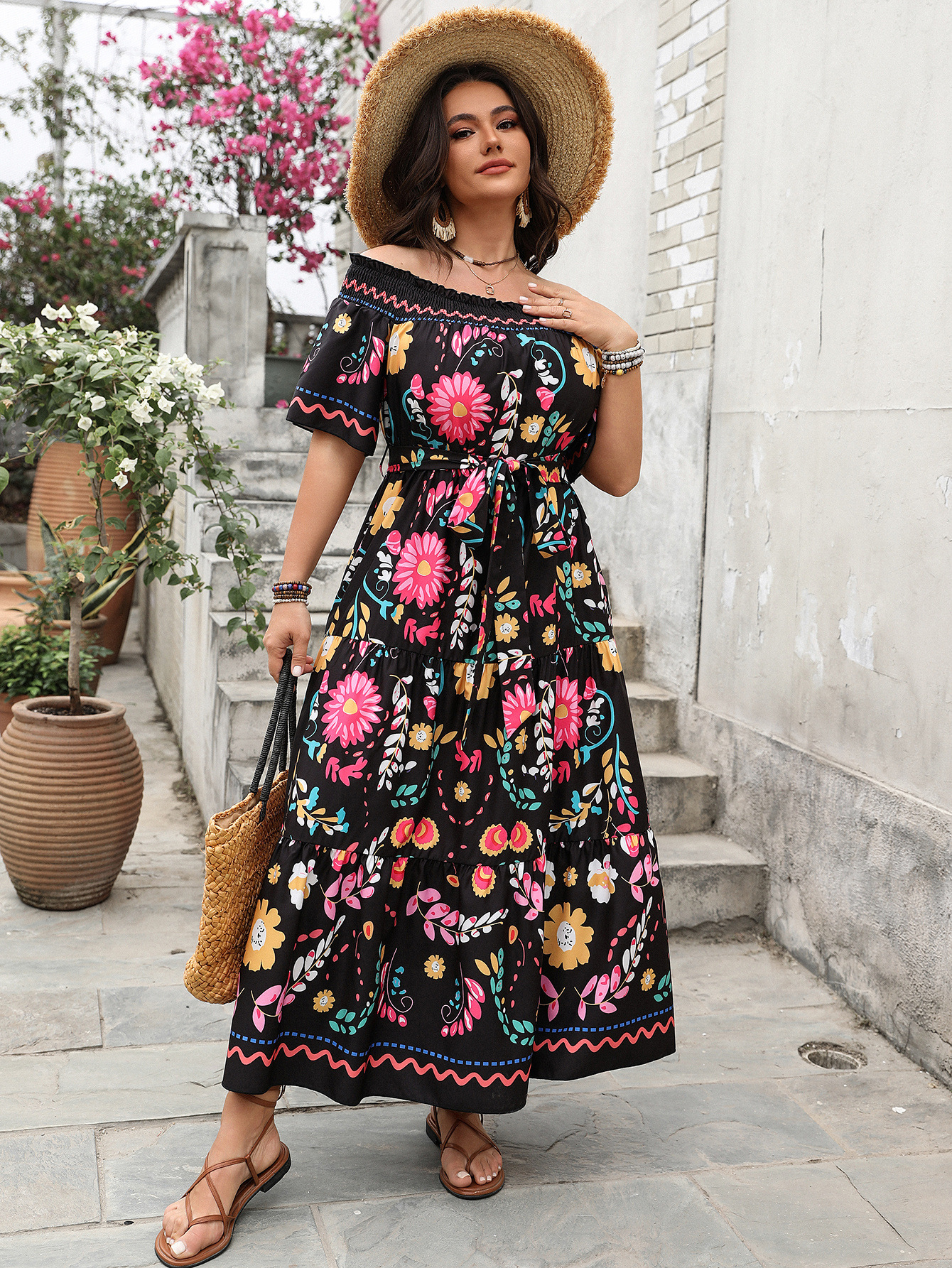 Floral Print Off-Shoulder Tiered Maxi Dress | Casual Boho Curvy Summer Dress