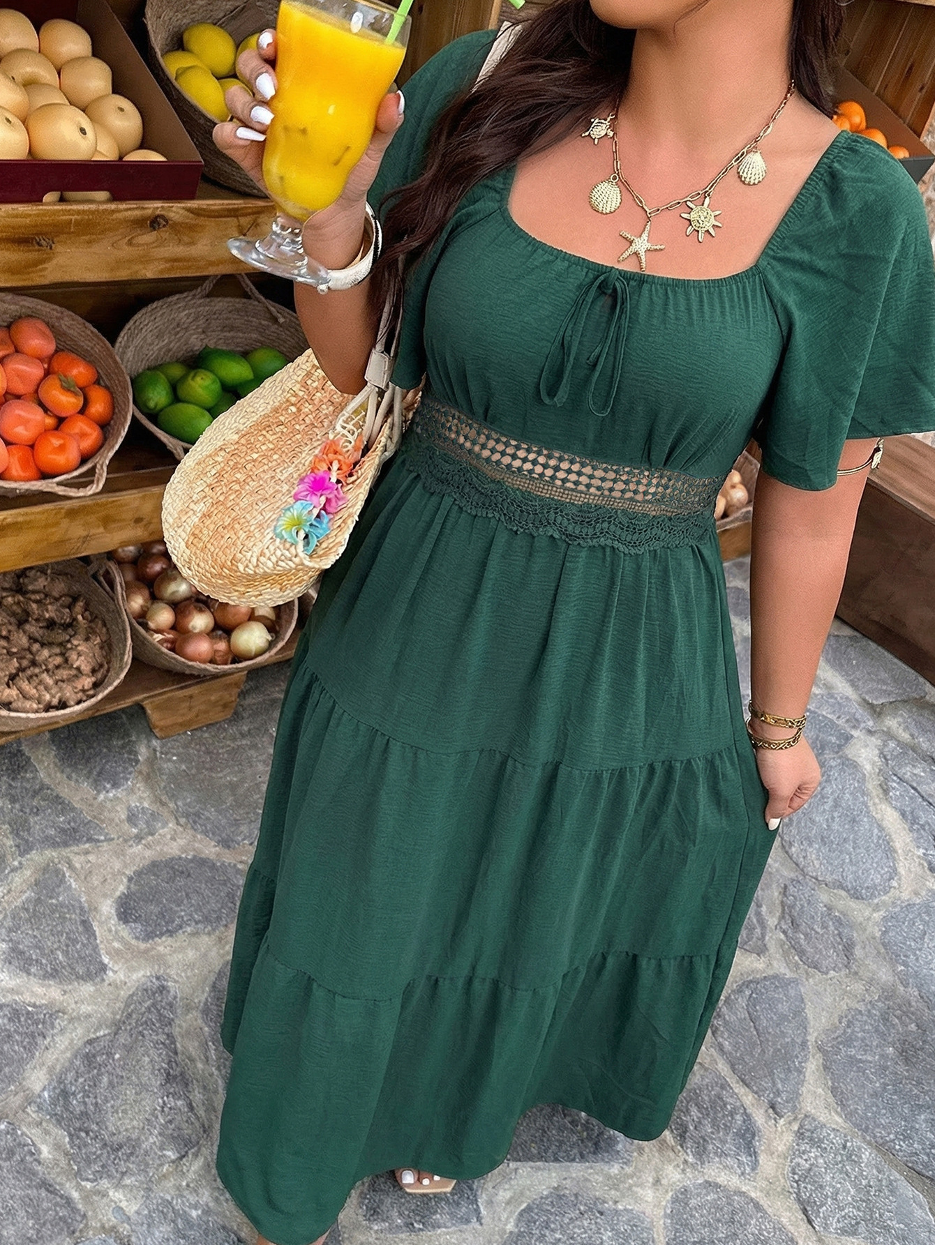 Square Neck Lace Trim Tiered Maxi Dress | 2025 Spring Summer Boho Casual Curvy Dress