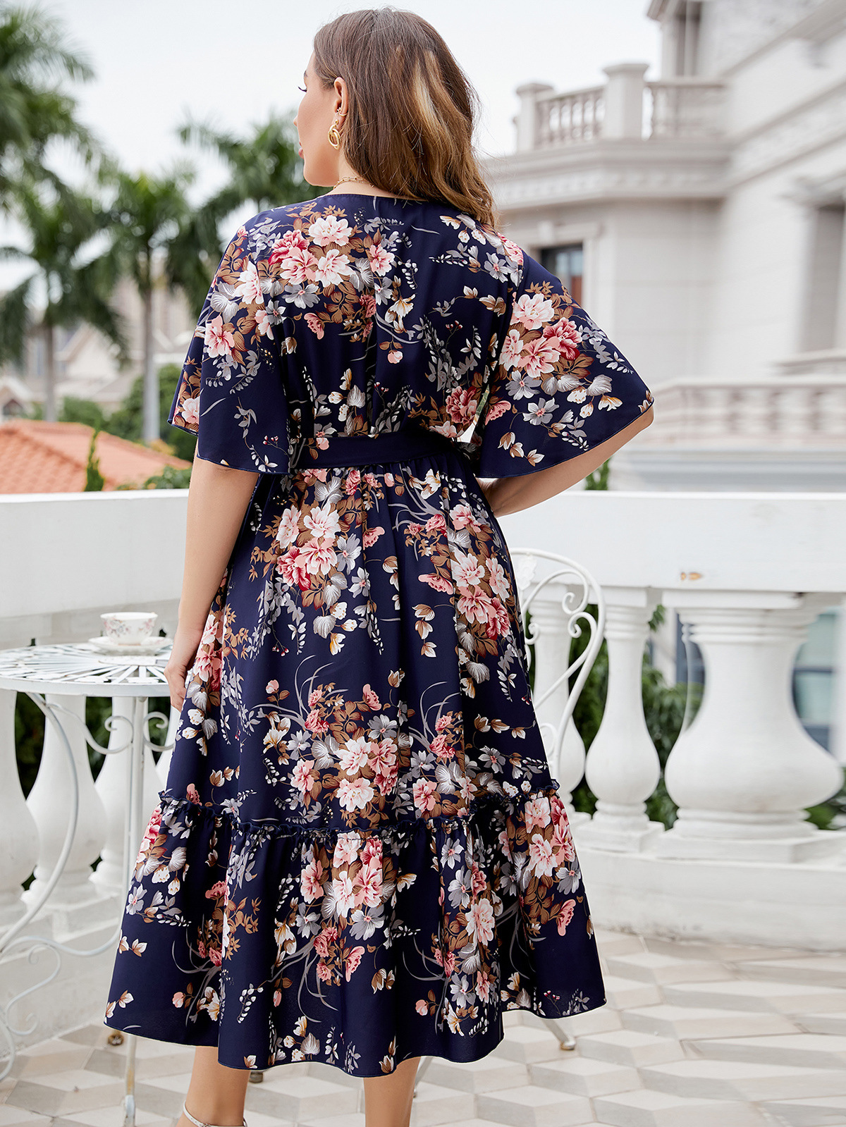 Floral Print Wrap V-Neck Ruffle Hem Midi Dress | 2025 Spring Summer Boho Curvy Dress