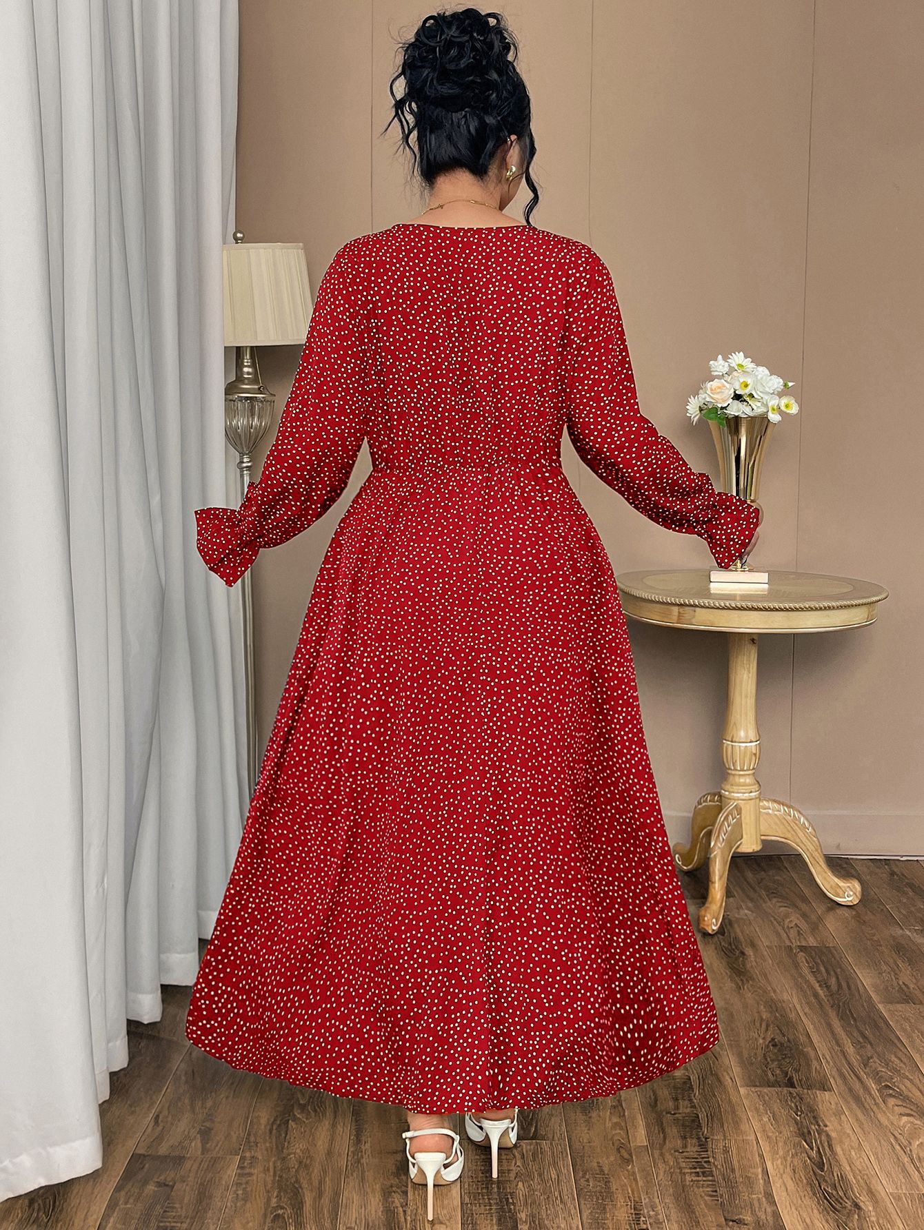 Polka Dot Tie Neck Long Sleeve Maxi Dress | Year-Round Casual Curvy A-Line Dress