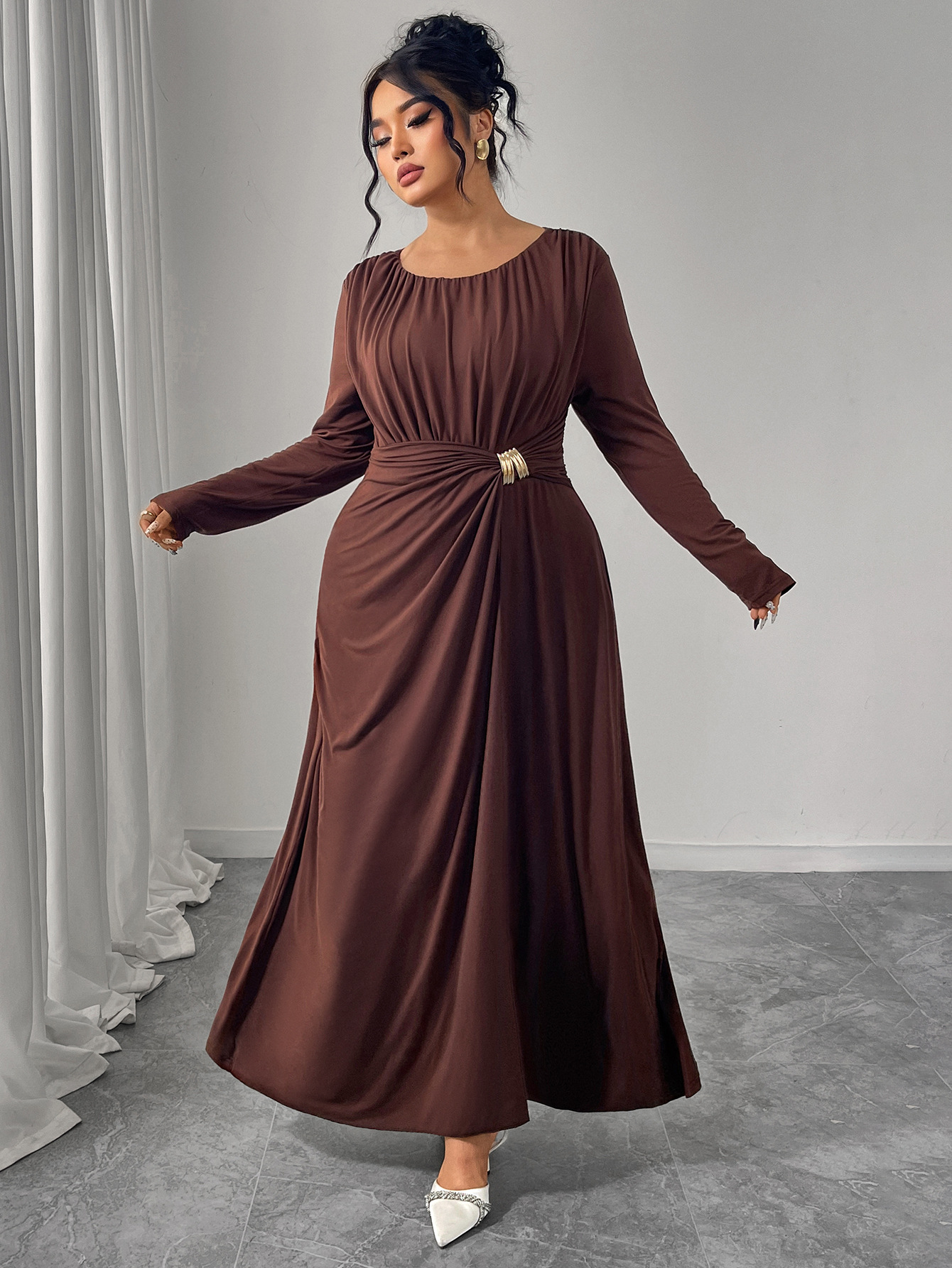 Ruched Waist Long Sleeve Maxi Dress | Elegant Curvy Formal Dress