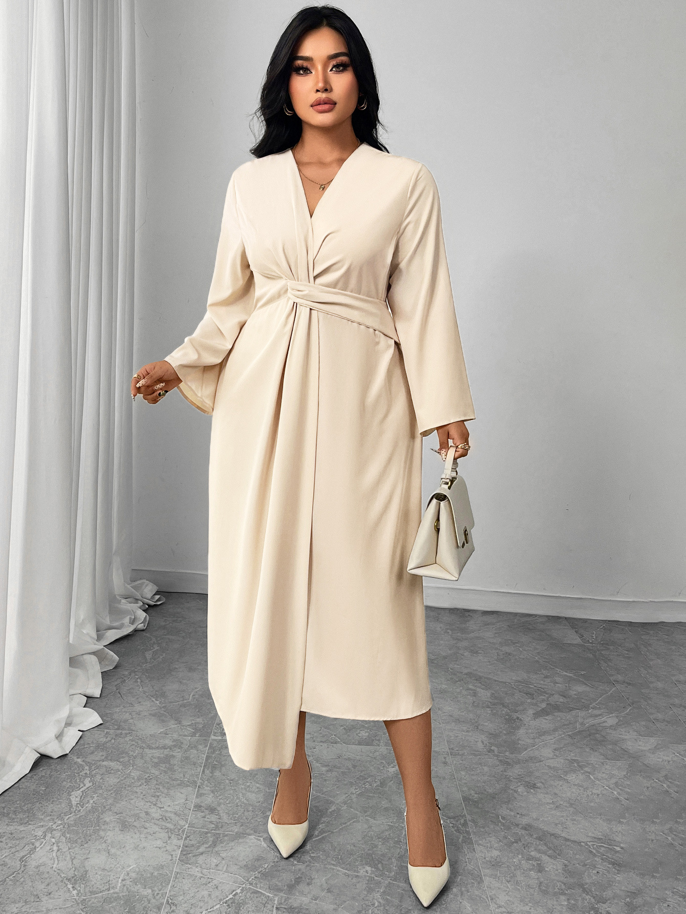 Twist Waist V-Neck Long Sleeve Midi Dress | Elegant Office Casual Curvy Wrap Dress