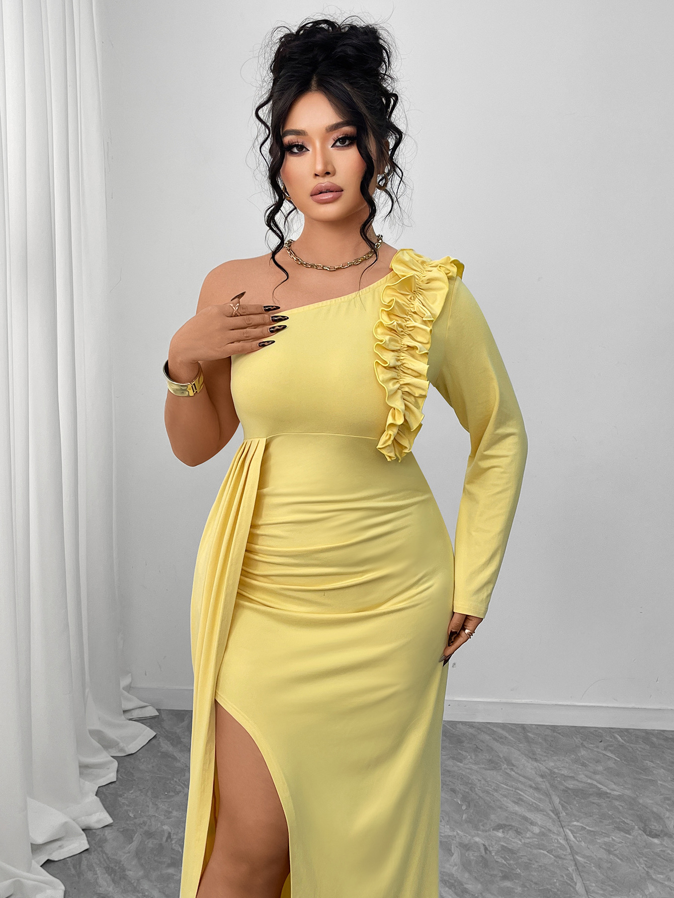 One-Shoulder Ruffle Slit Maxi Dress | Curvy Women's Elegant Formal Party Dress