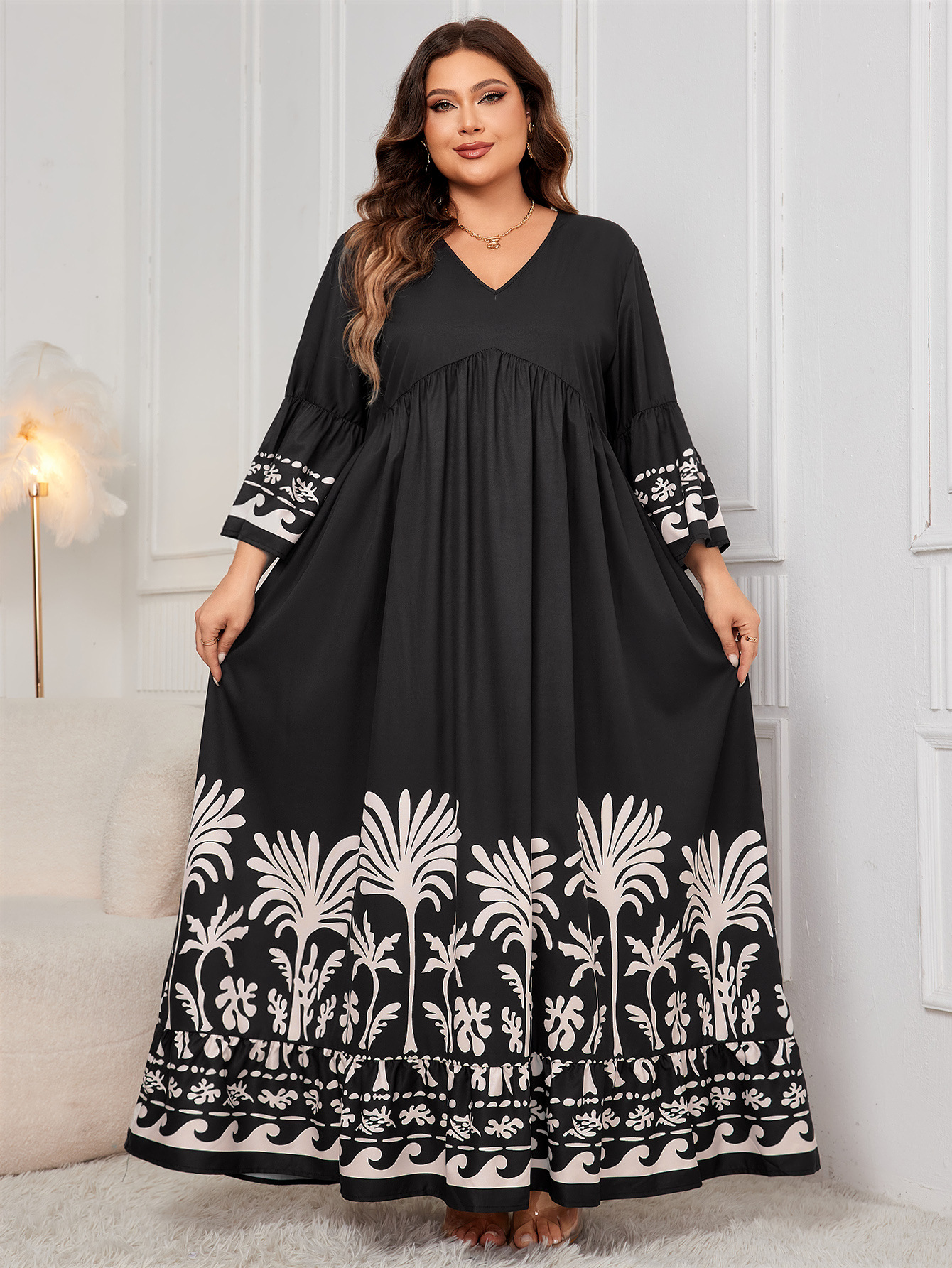 Tropical Print V-Neck Flare Sleeve Maxi Dress | Curvy Women's Resort Wear