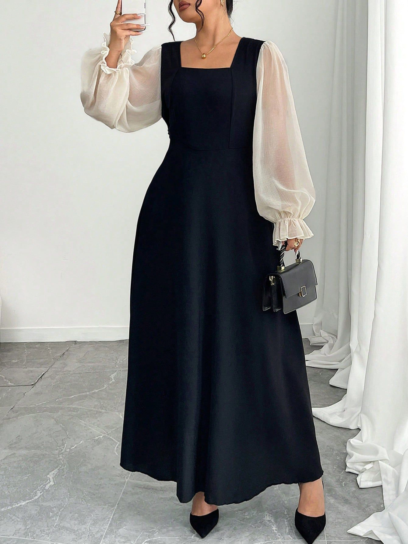 Contrast Sheer Puff Sleeve Square Neck Midi Dress | Curvy Women's Elegant A-Line Dress