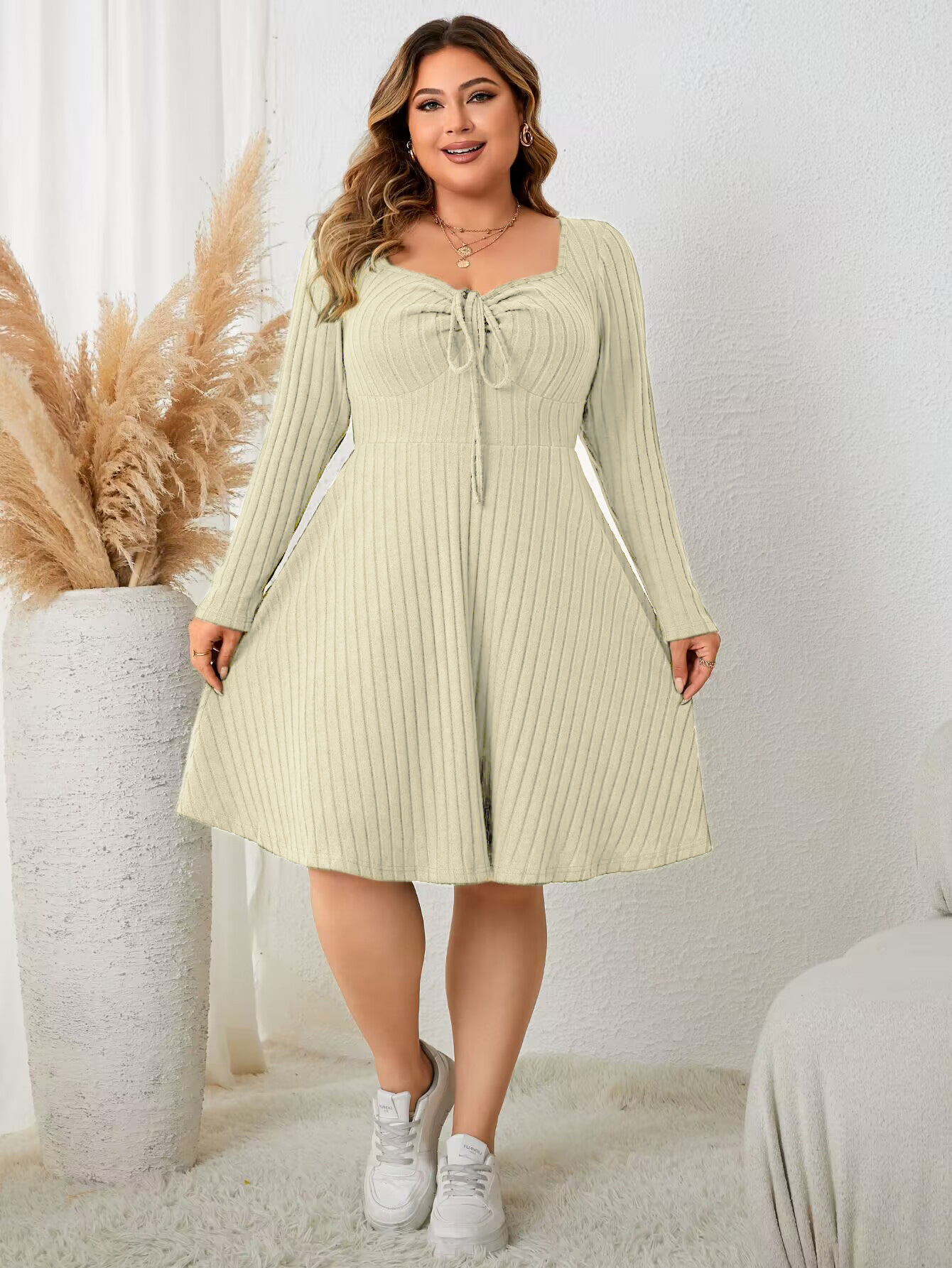 Ribbed Knit Drawstring V-Neck Long Sleeve A-Line Dress | Casual Curvy Sweater Dress