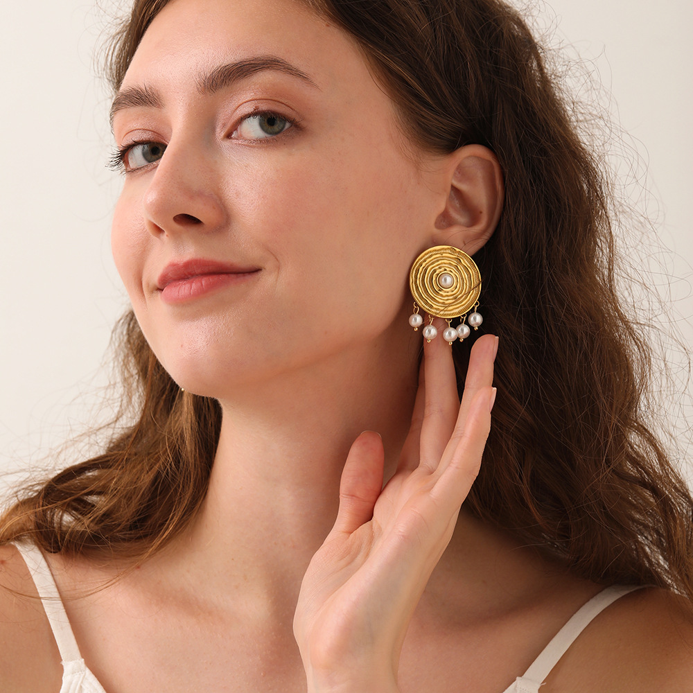 Vintage Concentric Disc Pearl Drop Stud Earrings
