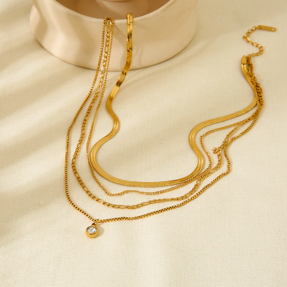 Four-Tier Mixed Chain Necklace with Bezel Crystal Drop