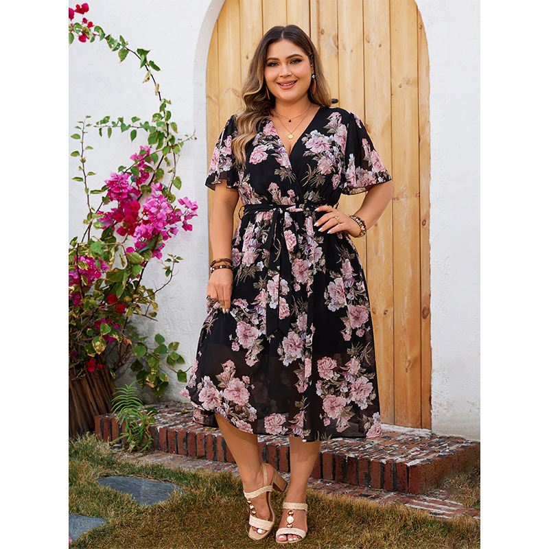 Floral Wrap V-Neck Chiffon Midi Dress | Curvy Women's Flowy Short Sleeve Dress