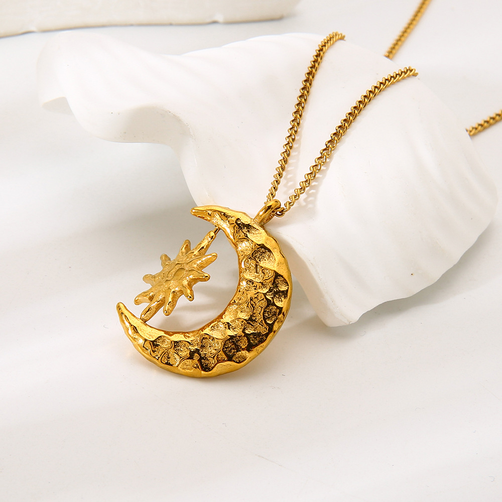 Rotating Sun & Moon Hammered Crescent Necklace
