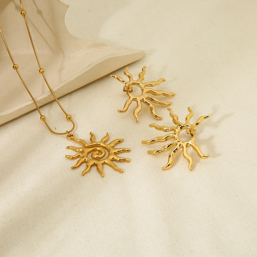 18K Gold Plated Abstract Spiral Sun Earring & Pendant Necklace Matching Jewelry Set