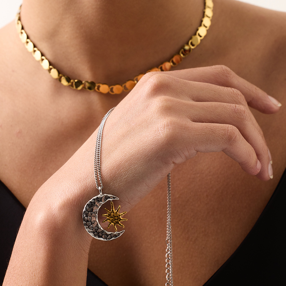 Rotating Sun & Moon Hammered Crescent Necklace