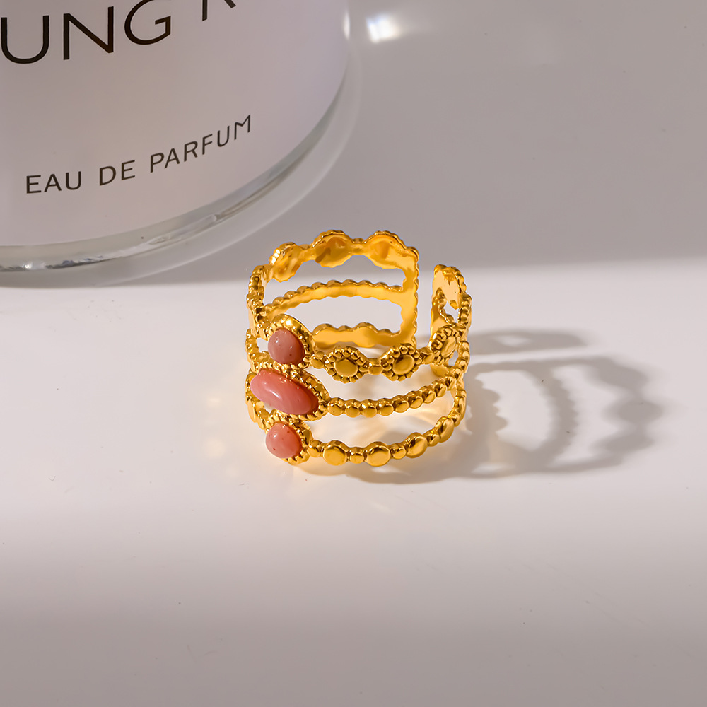 18K Gold Vintage Triple Beaded Open Cuff Ring with Natural Pink Stones