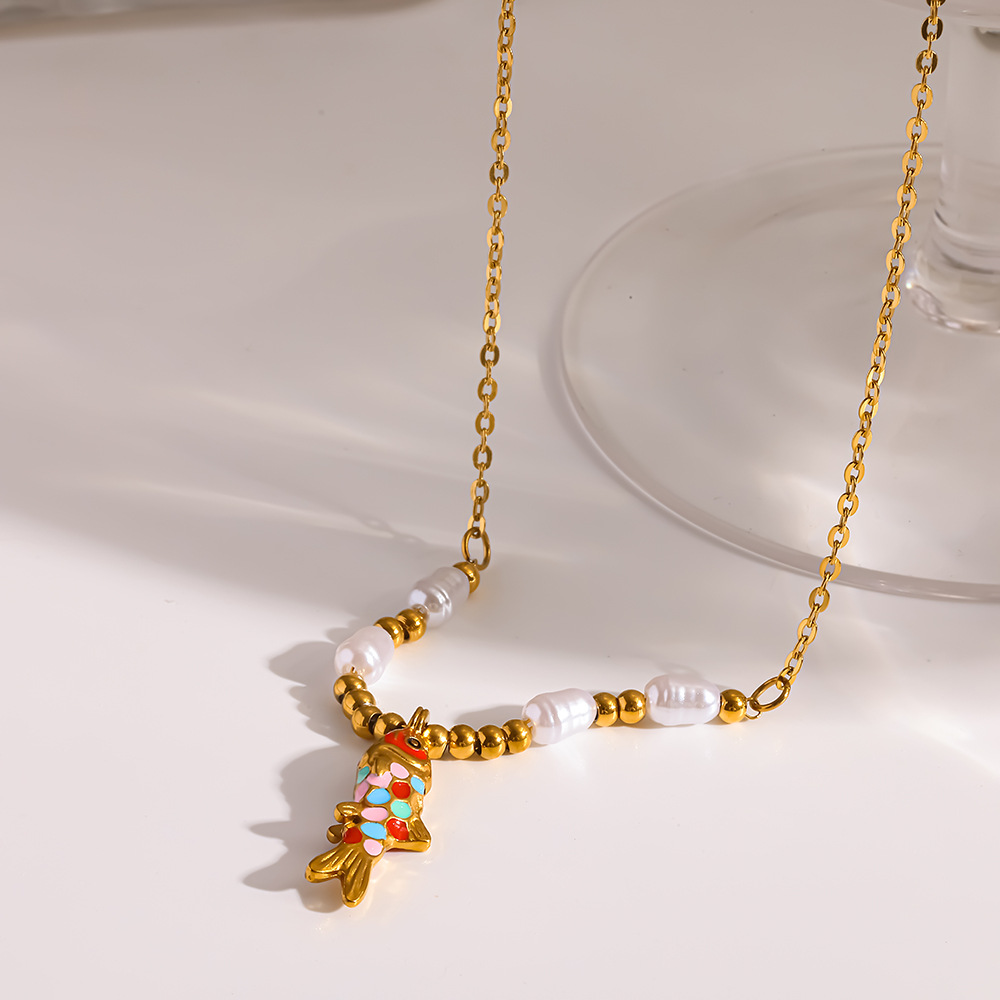 Multicolor Enamel Koi Necklace with Pearl-Bead V Front