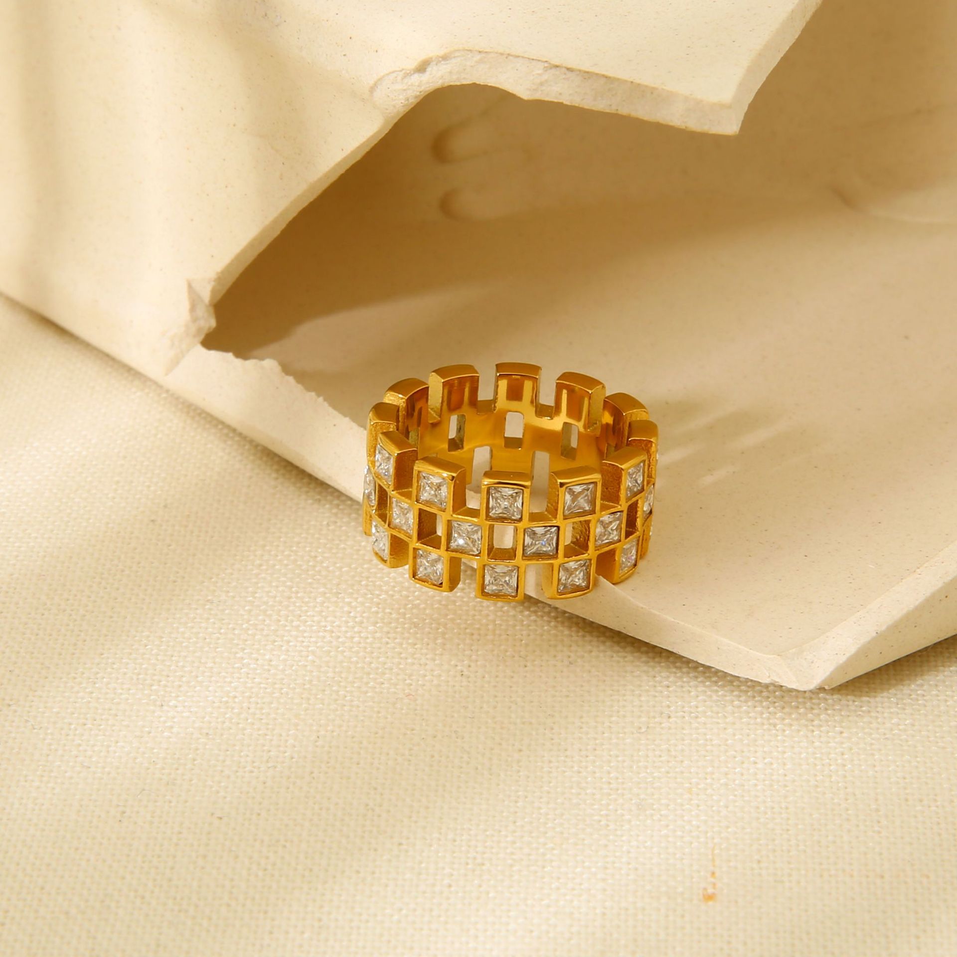 Hollow Grid Cubic Zirconia Wide Band Ring