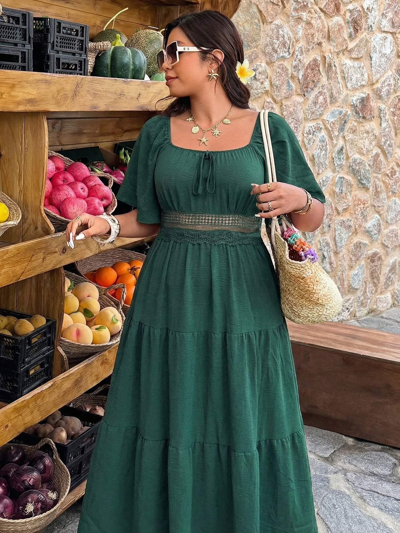 Square Neck Lace Trim Tiered Maxi Dress | 2025 Spring Summer Boho Casual Curvy Dress