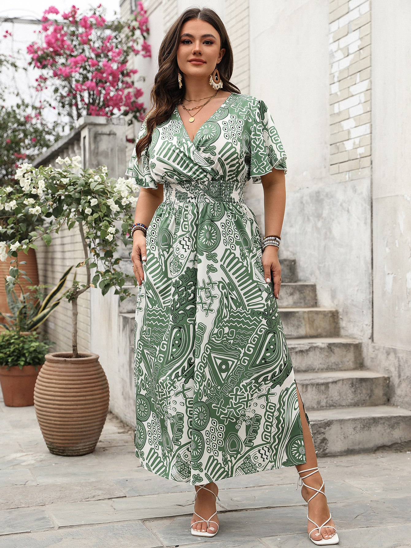 Abstract Tribal Print Wrap V-Neck Smocked Waist Maxi Dress | Curvy Women's Vacation Dress
