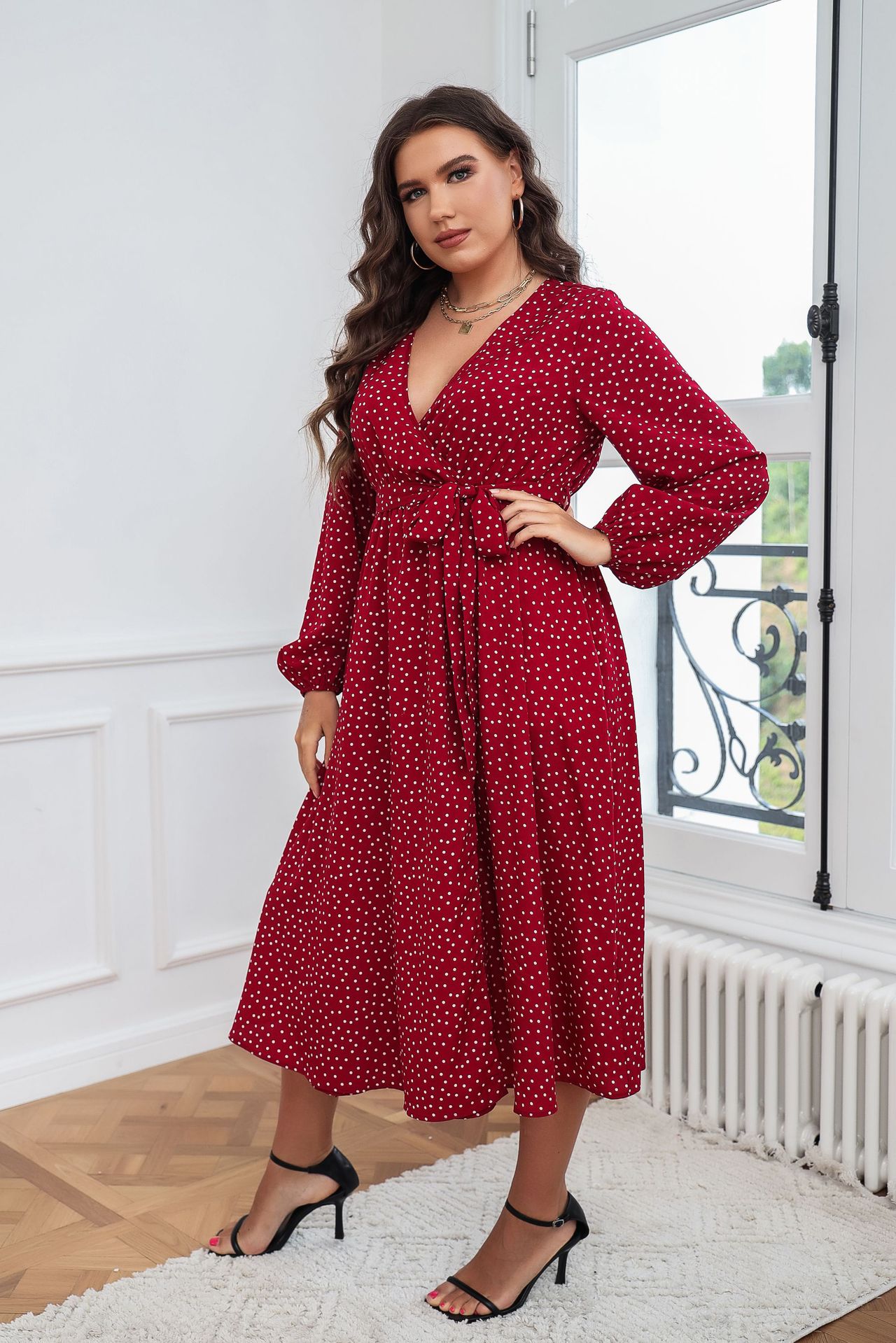 Polka Dot Wrap V-Neck Long Sleeve Midi Dress | Curvy Women's Flowy Slit Dress
