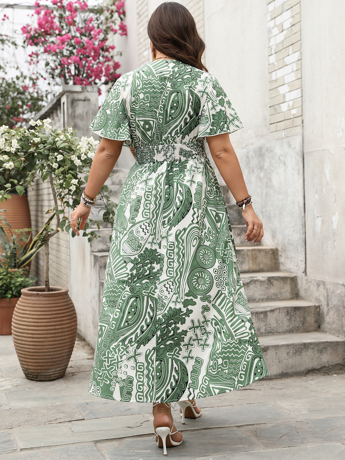 Abstract Tribal Print Wrap V-Neck Smocked Waist Maxi Dress | Curvy Women's Vacation Dress