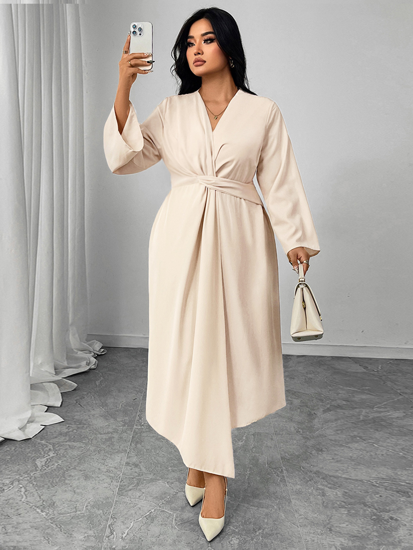 Twist Waist V-Neck Long Sleeve Midi Dress | Elegant Office Casual Curvy Wrap Dress