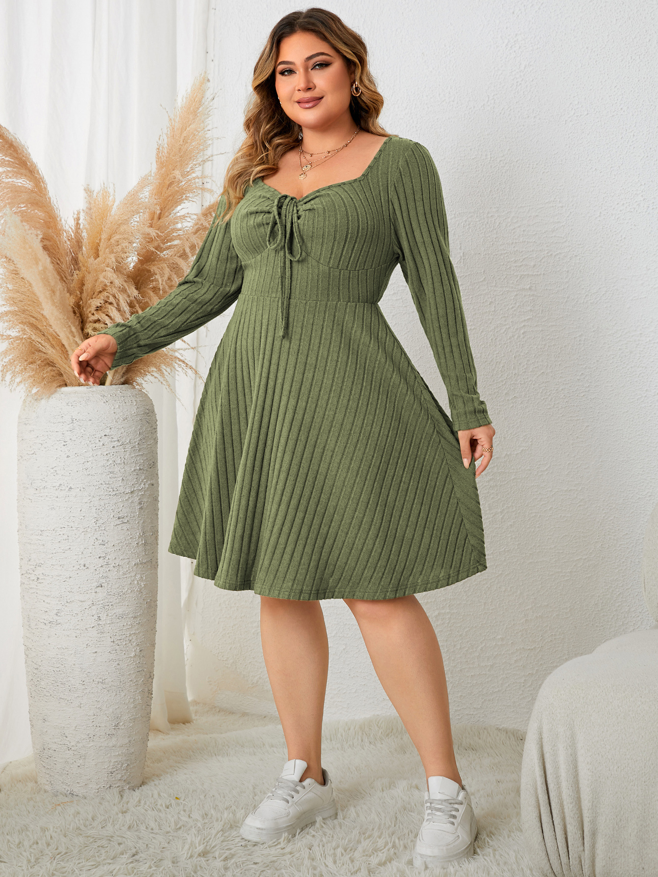 Ribbed Knit Drawstring V-Neck Long Sleeve A-Line Dress | Casual Curvy Sweater Dress