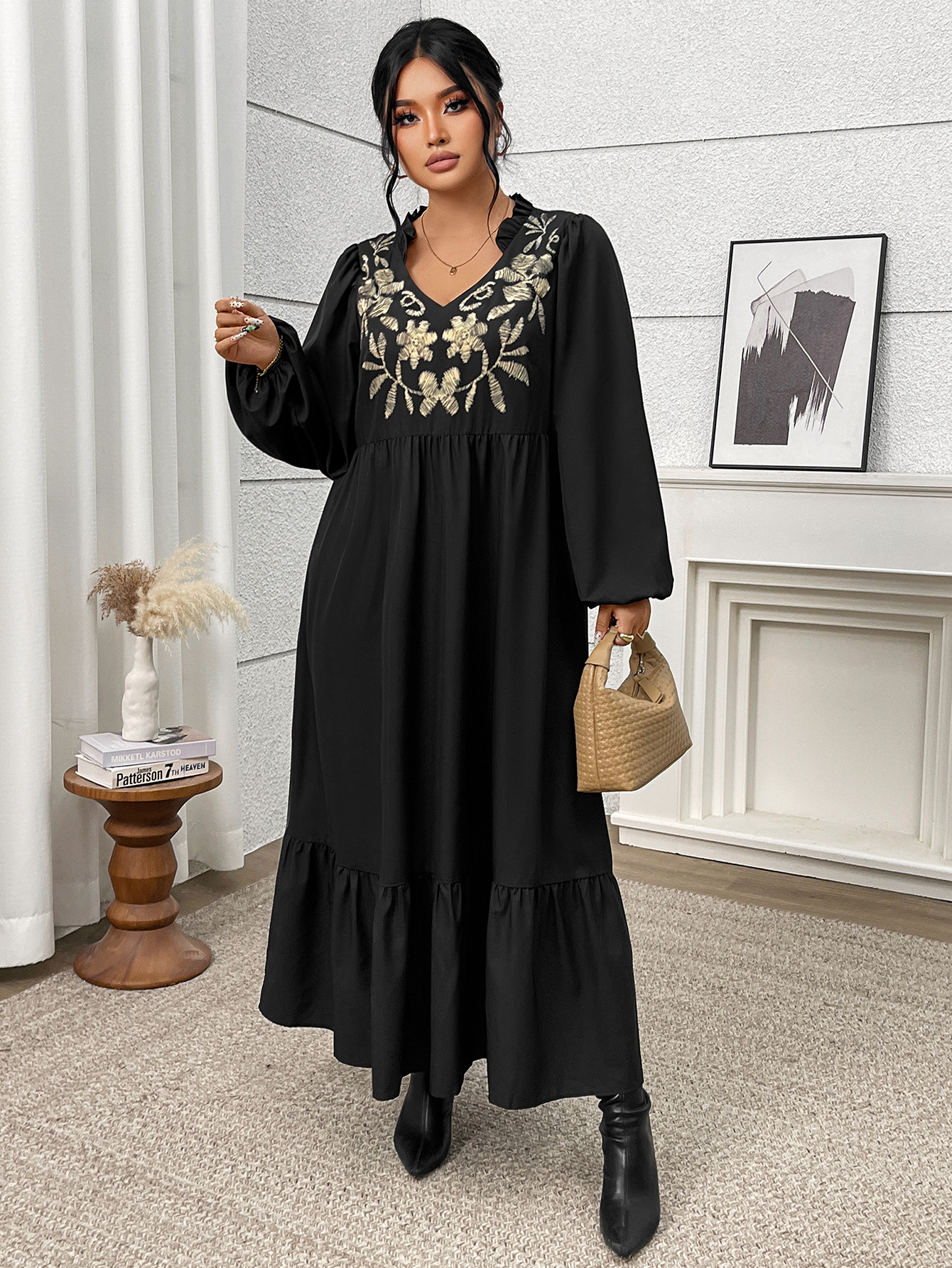 Gold Floral Embroidered V-Neck Ruffle Hem Maxi Dress | Casual Loose Curvy Dress