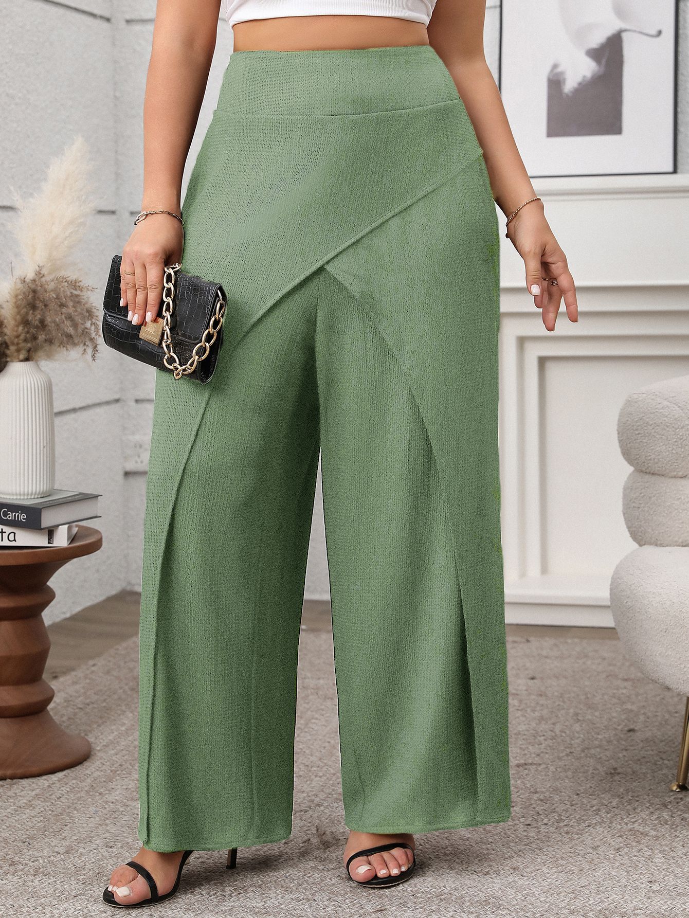 High Waisted Crisscross Front Slit Wide Leg Pants | Curvy Women's Flowy Palazzo Trousers