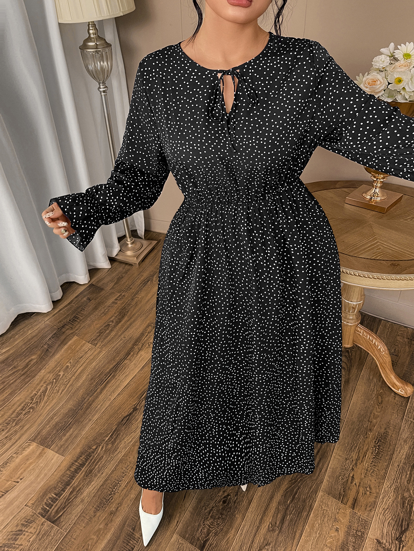 Polka Dot Tie Neck Long Sleeve Maxi Dress | Year-Round Casual Curvy A-Line Dress