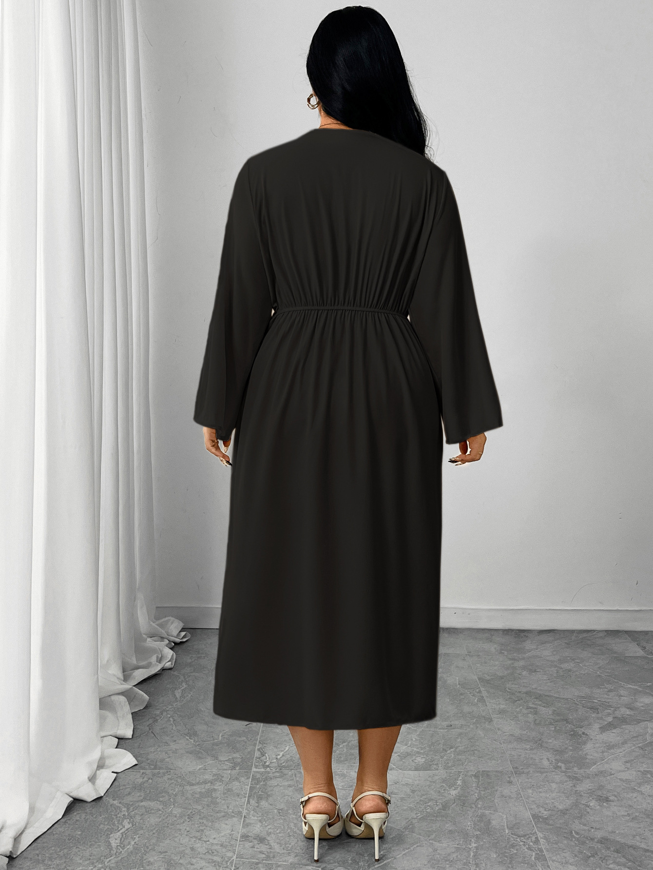 Twist Waist V-Neck Long Sleeve Midi Dress | Elegant Office Casual Curvy Wrap Dress