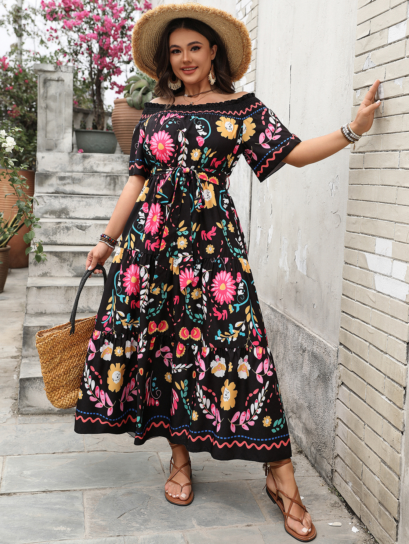 Floral Print Off-Shoulder Tiered Maxi Dress | Casual Boho Curvy Summer Dress