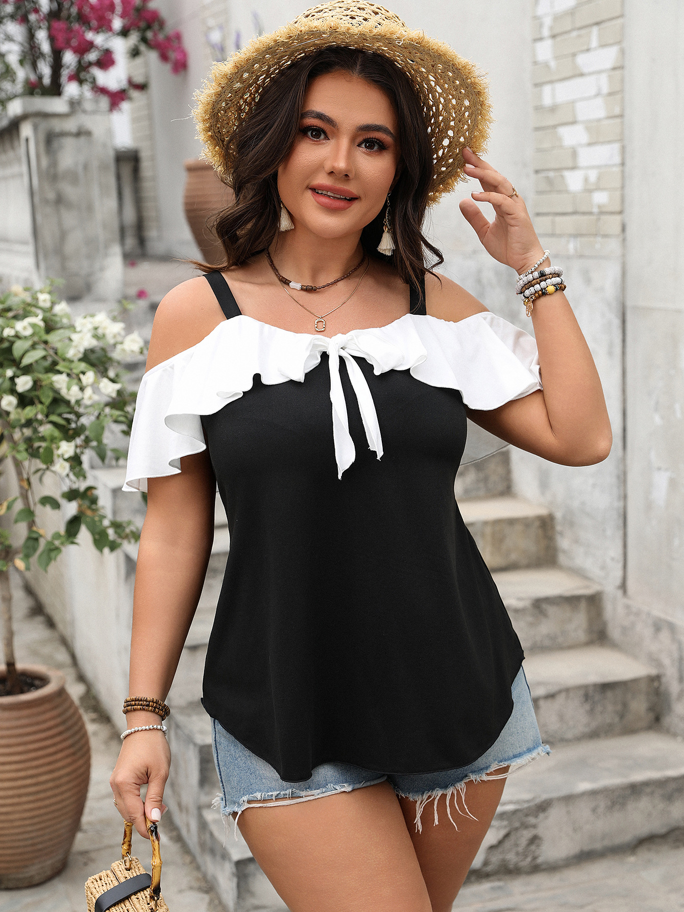 Black & White Off-Shoulder Ruffle Bow Top | Curvy Summer Casual Blouse