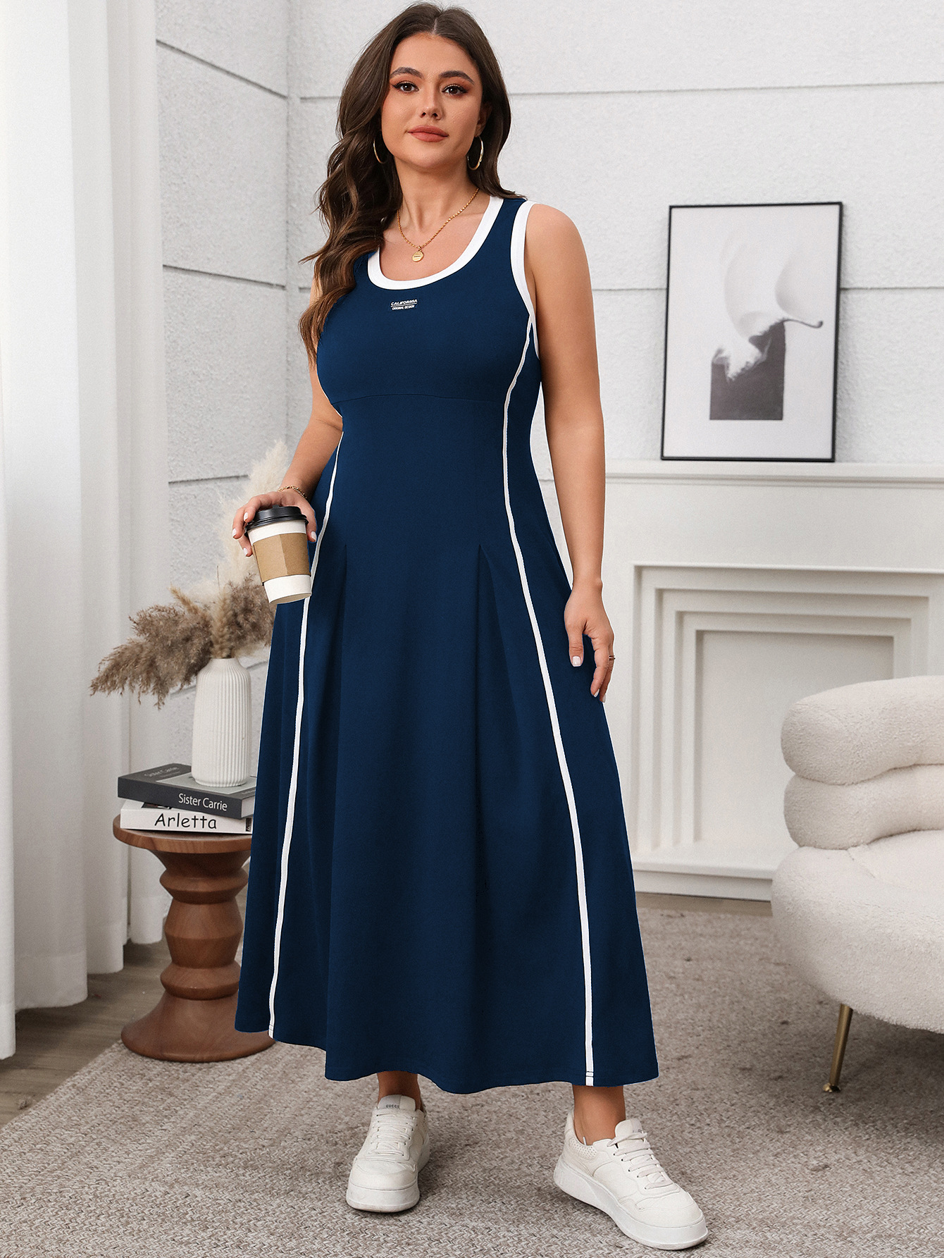 Contrast Trim Sleeveless A-Line Maxi Dress | Curvy Women's Casual Sporty Dress