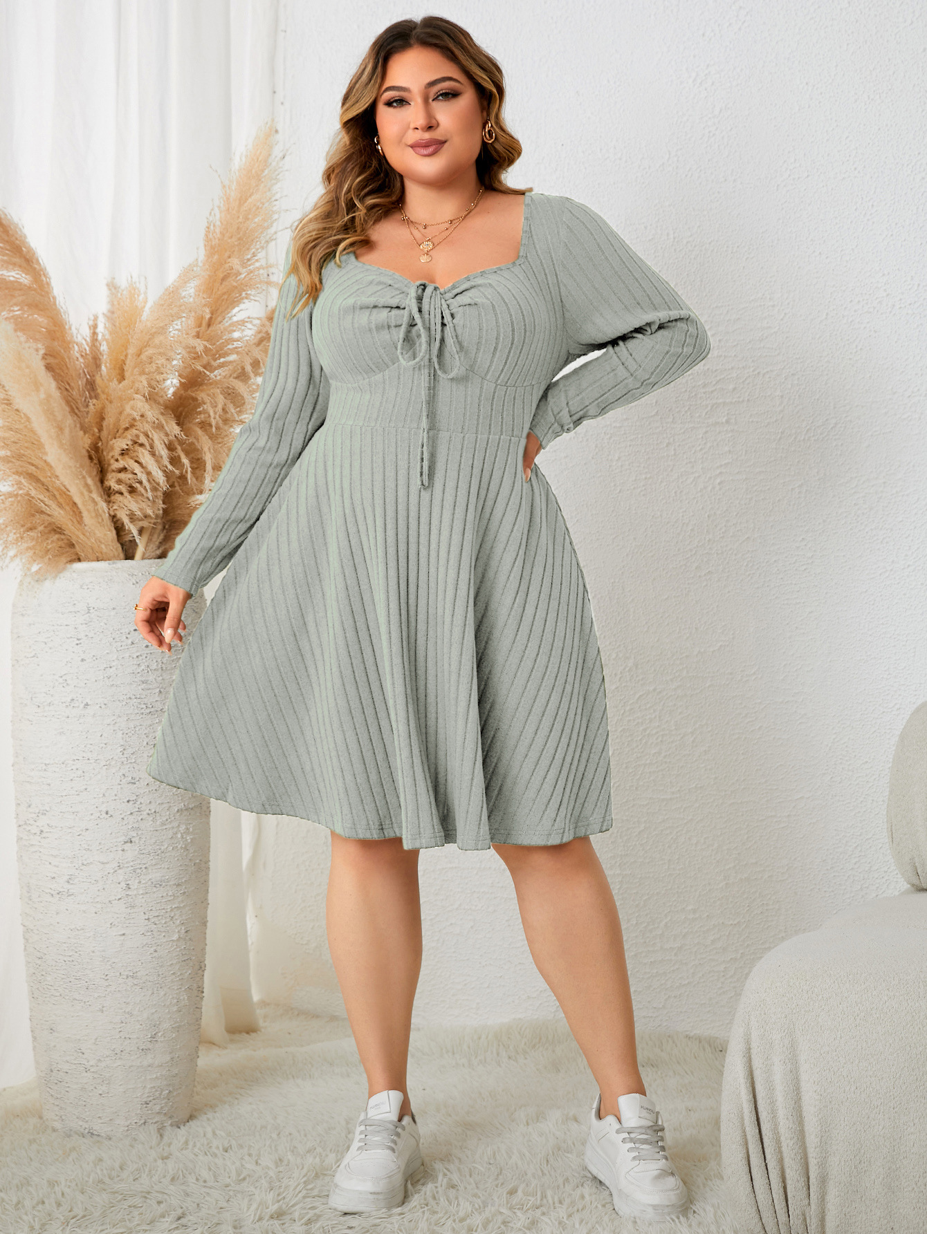 Ribbed Knit Drawstring V-Neck Long Sleeve A-Line Dress | Casual Curvy Sweater Dress