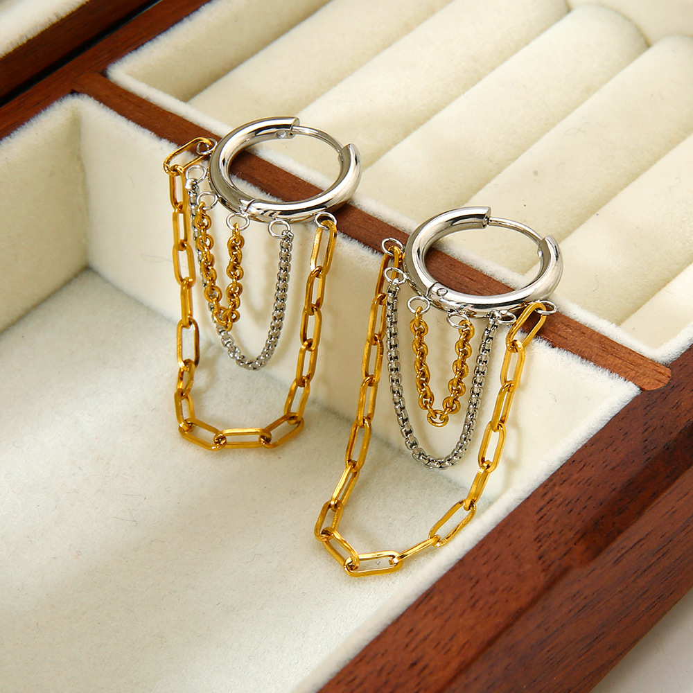 Two-Tone Multi Layer Chain Tassel Hoop Earrings