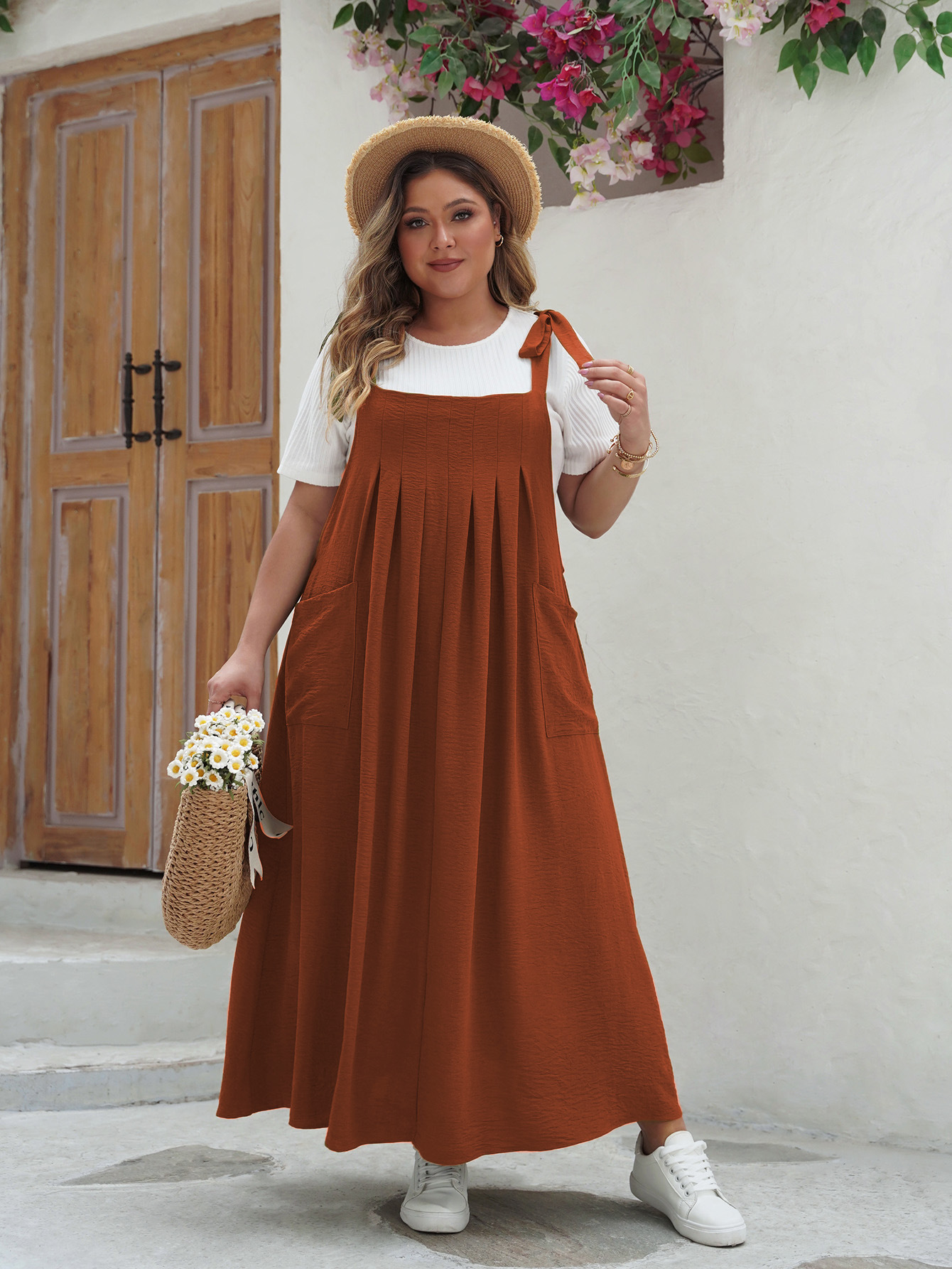 Tie Shoulder Pleated Maxi Pinafore Dress | Year-Round Casual Loose Fit Curvy Overall Dress