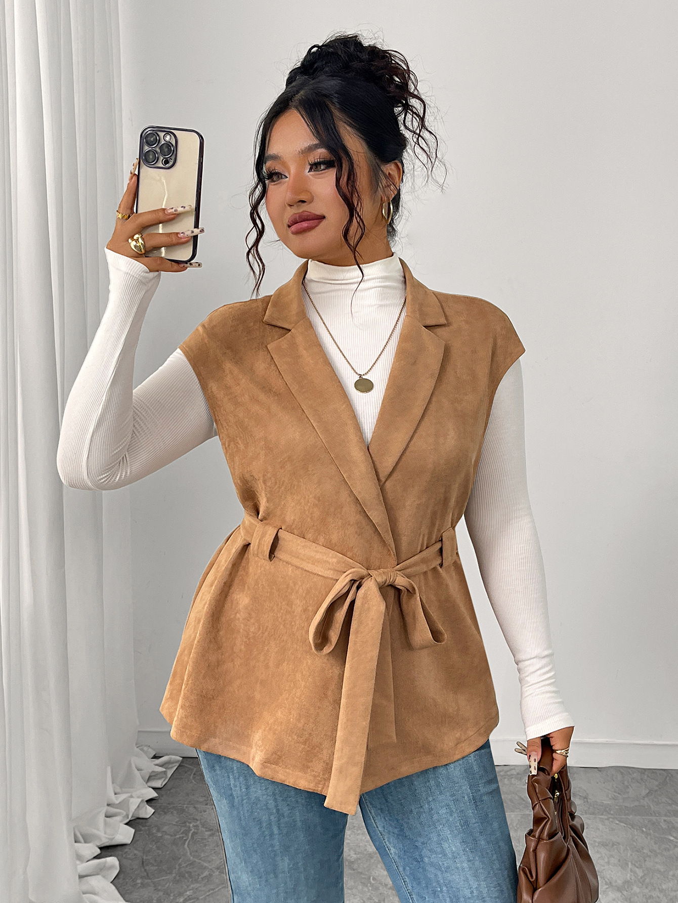 Faux Suede Belted Blazer Vest | Curvy Women's Sleeveless Outerwear