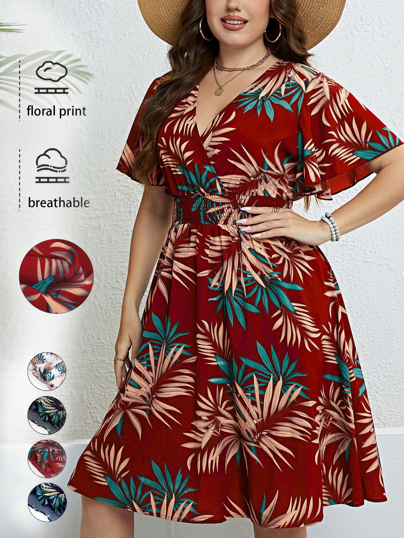 Tropical Palm Print Surplice V-Neck Flutter Sleeve Midi Dress | Curvy Vacation Casual Dress