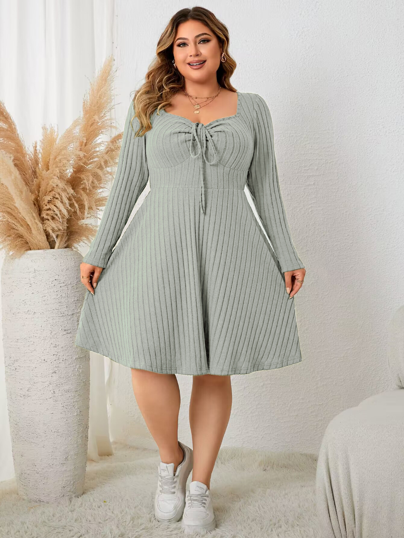 Ribbed Knit Drawstring V-Neck Long Sleeve A-Line Dress | Casual Curvy Sweater Dress