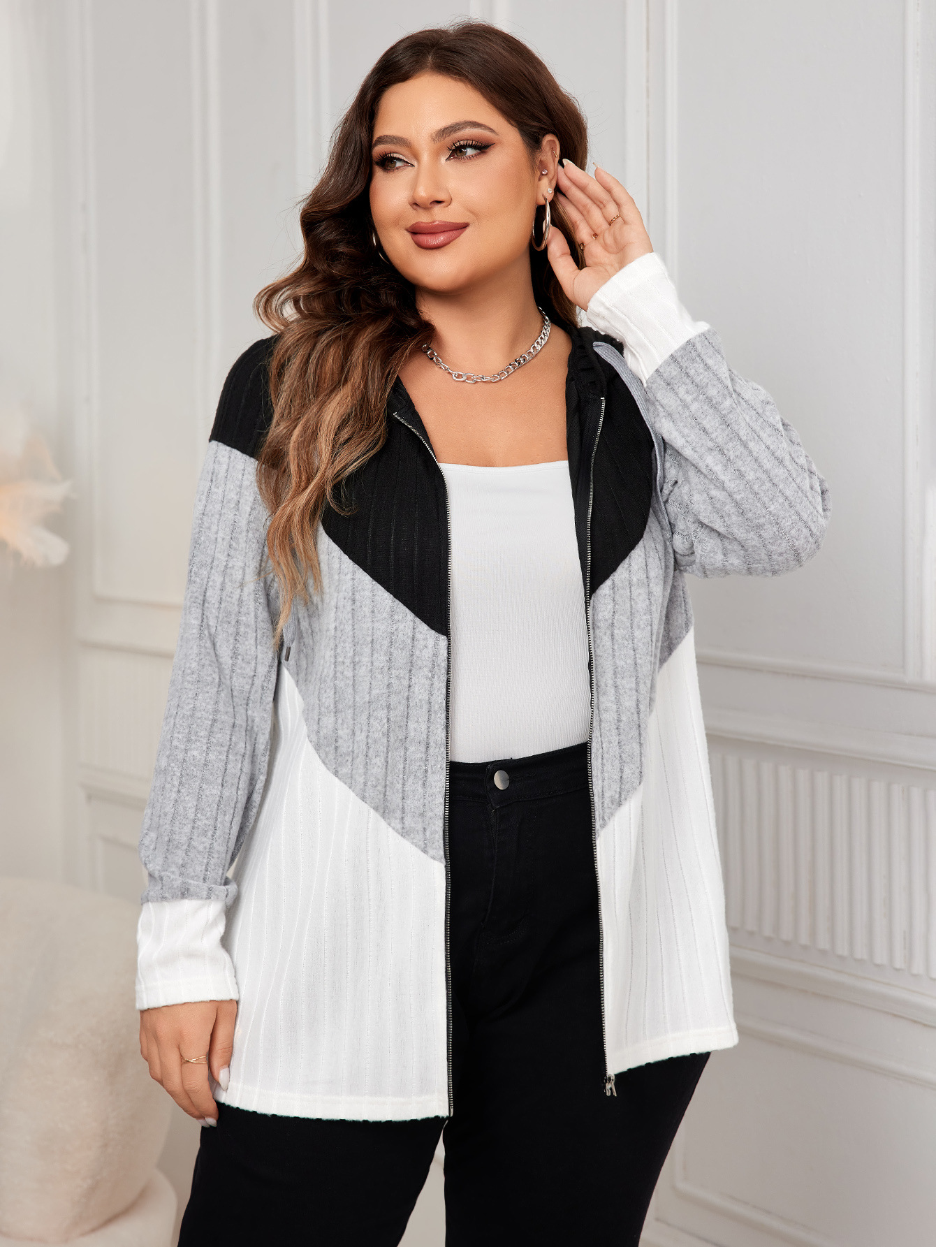 Colorblock Ribbed Knit Zip-Up Hoodie | Casual Curvy Long Sleeve Jacket