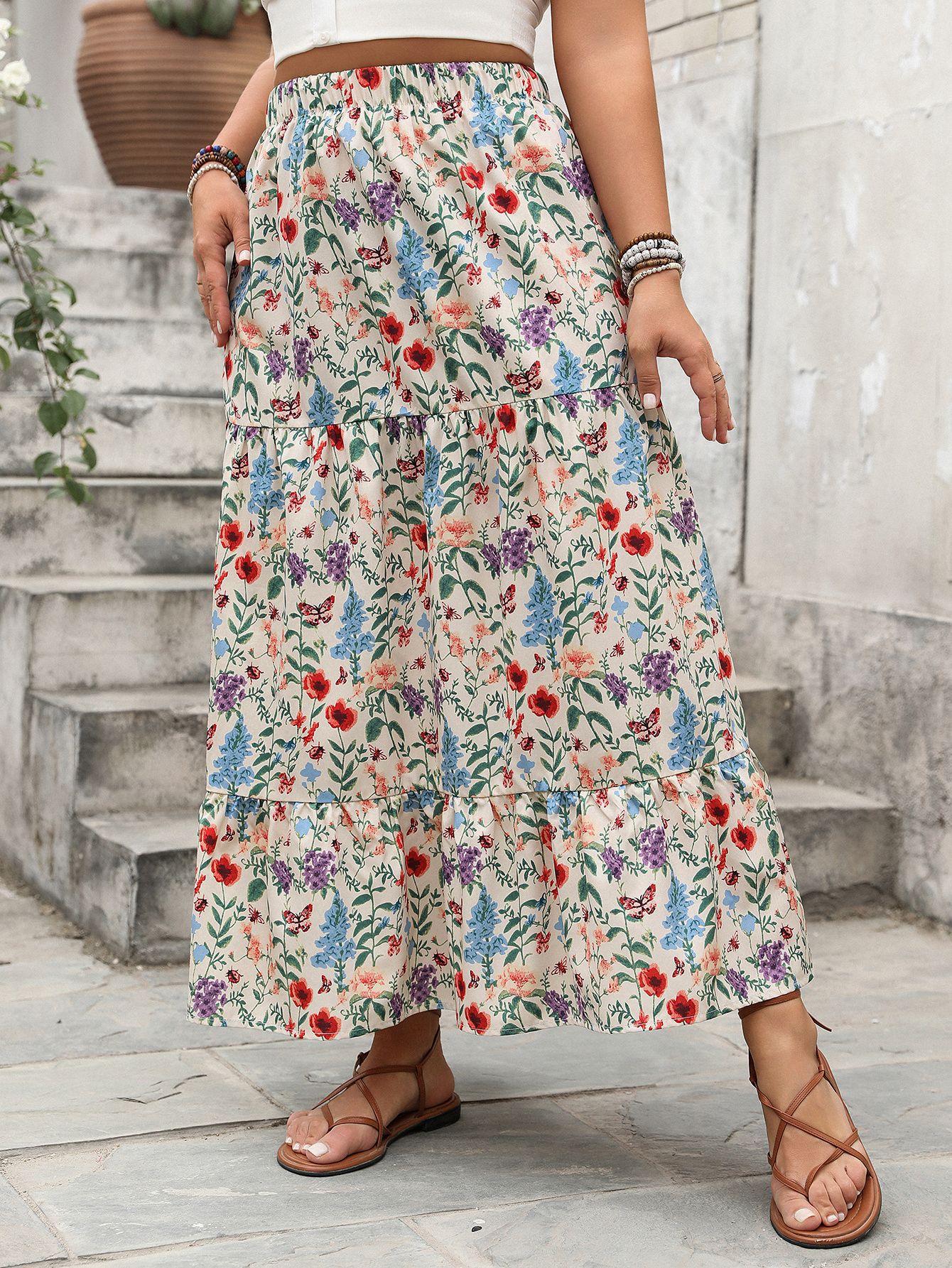 Floral Print Tiered Maxi Skirt | Casual Boho Curvy Skirt
