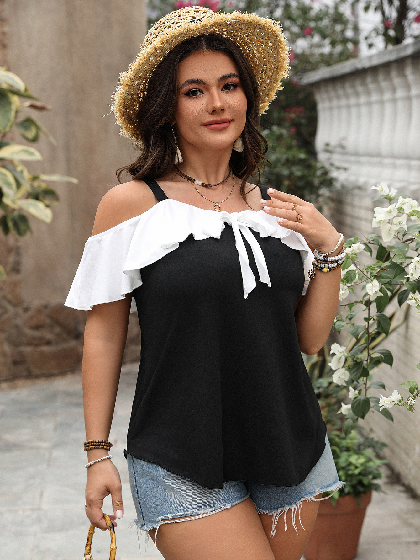 Black & White Off-Shoulder Ruffle Bow Top | Curvy Summer Casual Blouse