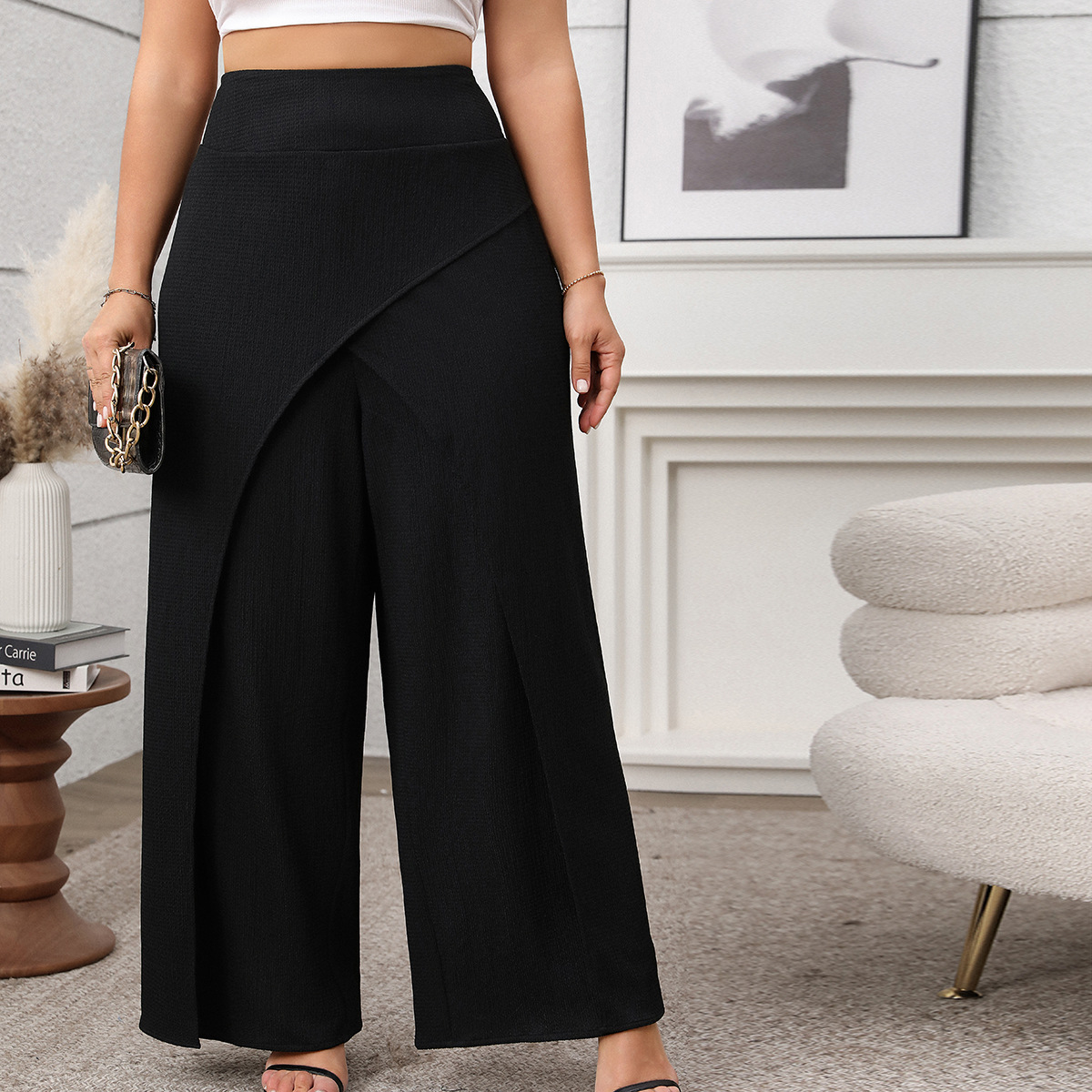 High Waisted Crisscross Front Slit Wide Leg Pants | Curvy Women's Flowy Palazzo Trousers