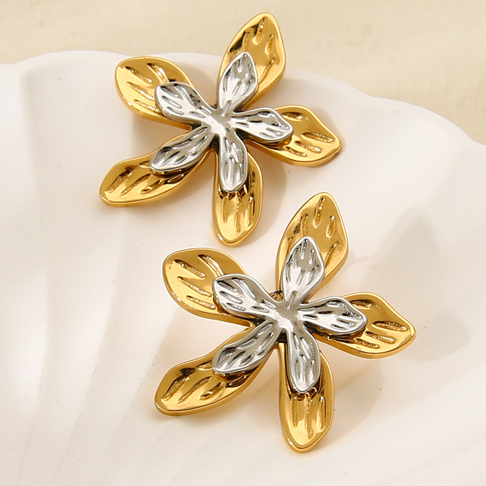 Two-Tone Double Layer Five-Petal Flower Stud Earrings