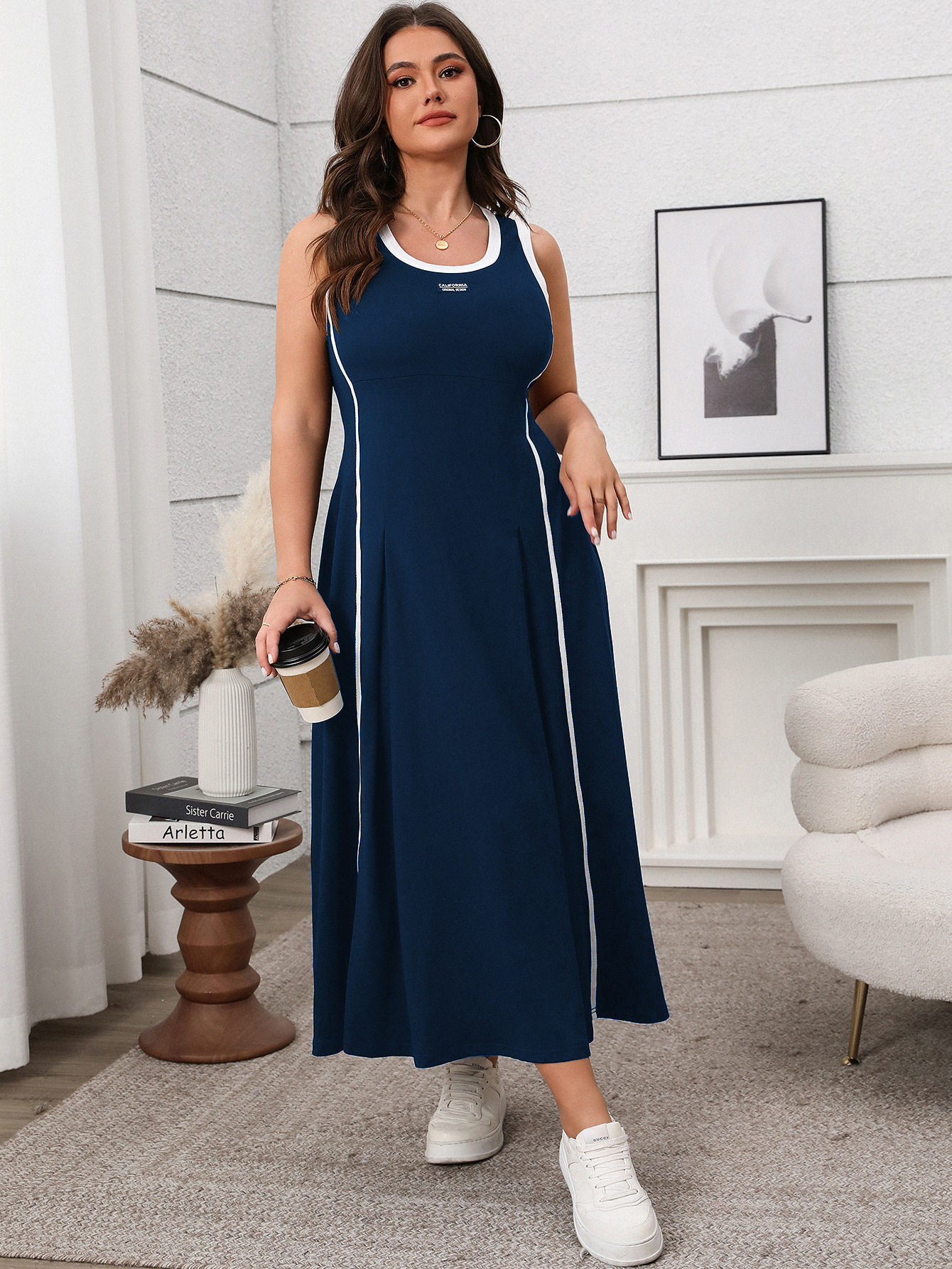 Contrast Trim Sleeveless A-Line Maxi Dress | Curvy Women's Casual Sporty Dress