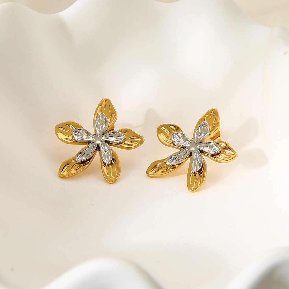 Two-Tone Double Layer Five-Petal Flower Stud Earrings