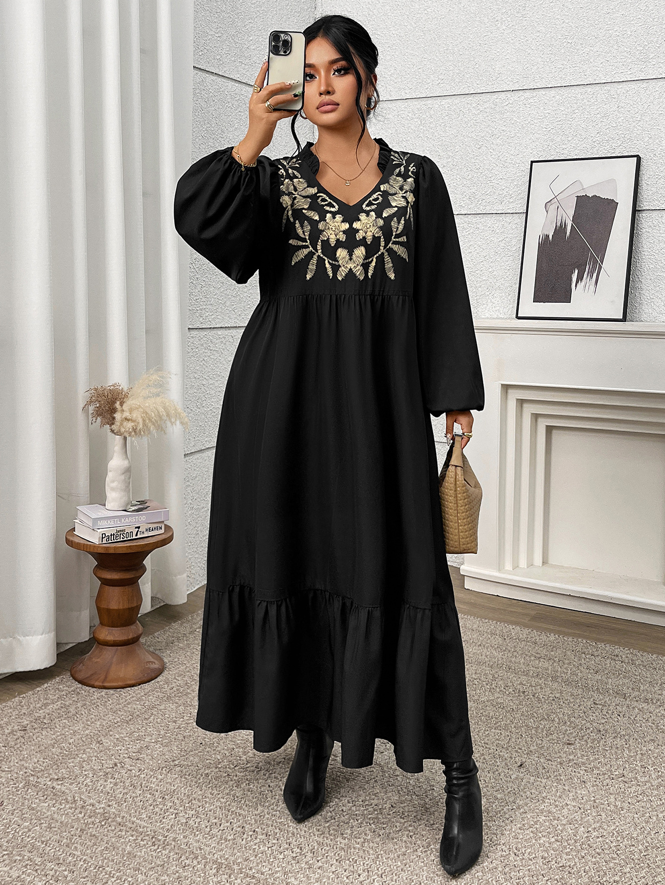 Gold Floral Embroidered V-Neck Ruffle Hem Maxi Dress | Casual Loose Curvy Dress