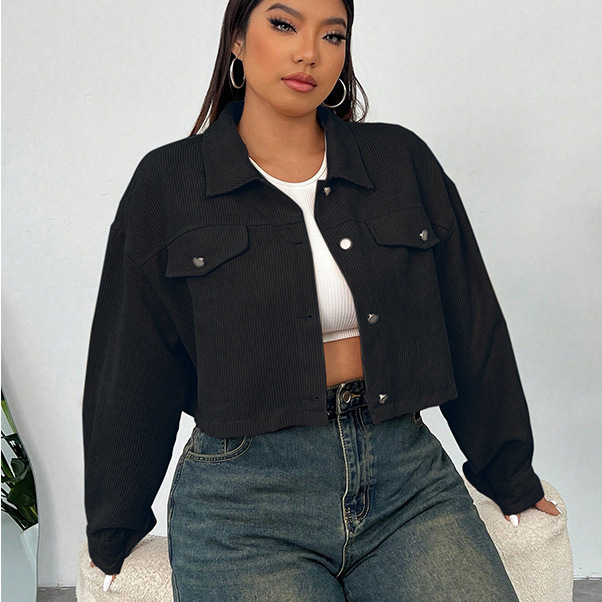 Corduroy Cropped Button-Down Jacket | Casual Plus Size Trucker Coat