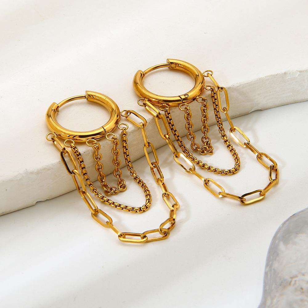 Two-Tone Multi Layer Chain Tassel Hoop Earrings