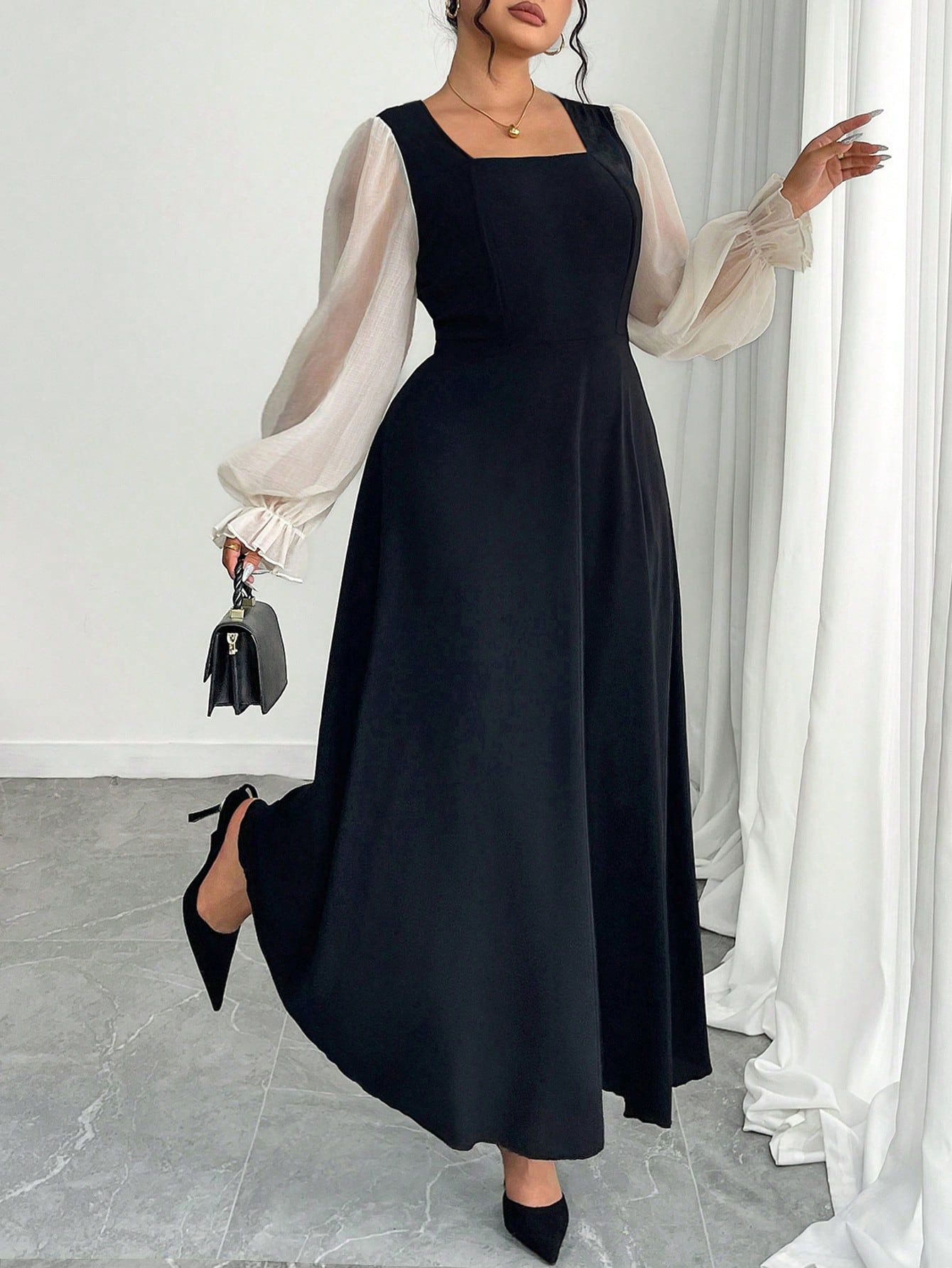 Contrast Sheer Puff Sleeve Square Neck Midi Dress | Curvy Women's Elegant A-Line Dress