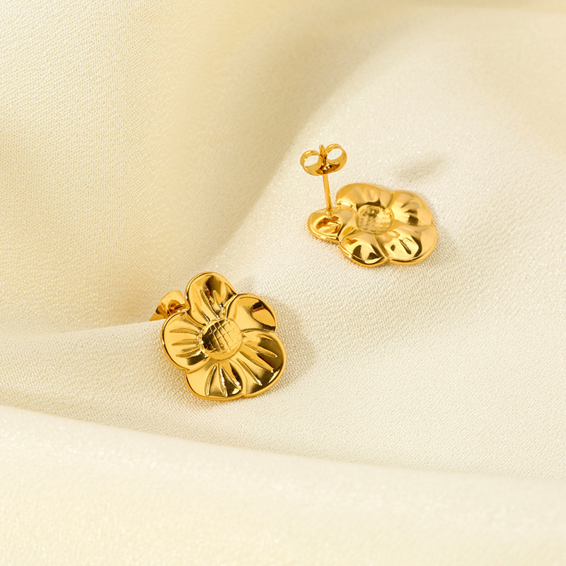 Textured Four-Petal Floral Stainless Steel Studs